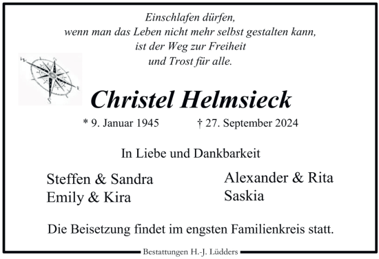 Traueranzeige von Christel Helmsieck 