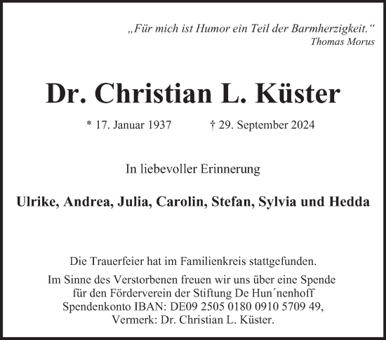 Traueranzeige von Christian  Küster von Hamburger Abendblatt