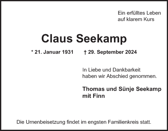 Traueranzeige von Claus Seekamp 