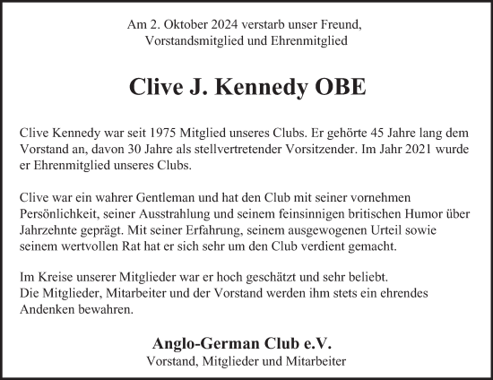 Traueranzeige von Clive J. Kennedy  von Hamburger Abendblatt