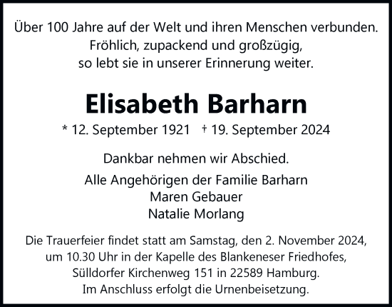 Traueranzeige von Elisabeth Barharn von Hamburger Abendblatt