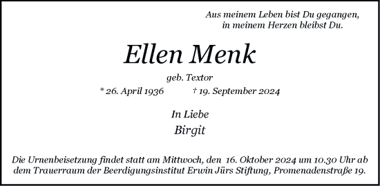 Traueranzeige von Ellen Menk von Hamburger Abendblatt
