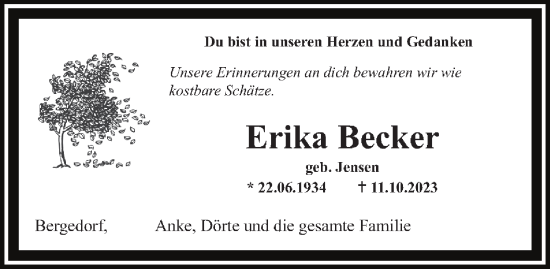 Traueranzeige von Erika Becker 