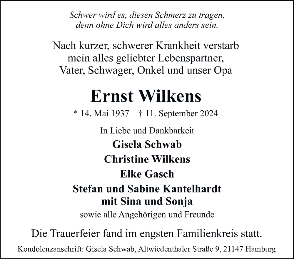  Traueranzeige für Ernst Wilkens vom 26.10.2024 aus Hamburger Abendblatt