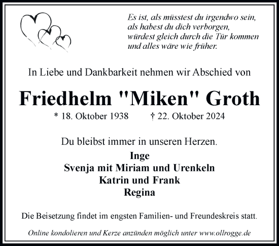 Traueranzeige von Friedhelm  Groth von Bergedorfer Zeitung