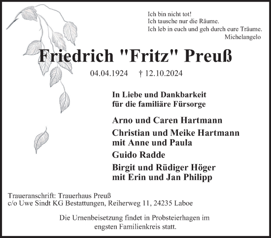 Traueranzeige von Friedrich Preuß von Hamburger Abendblatt