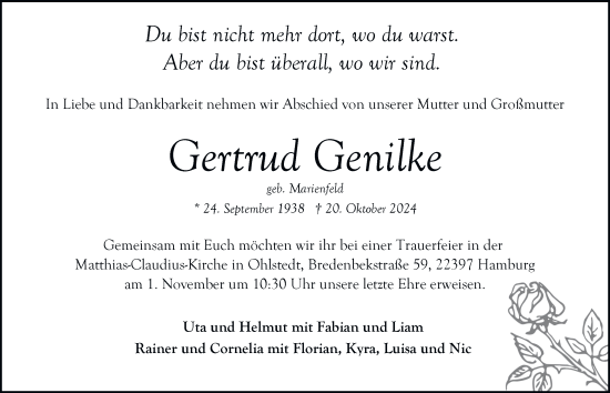 Traueranzeige von Gertrud Genilke von Hamburger Abendblatt