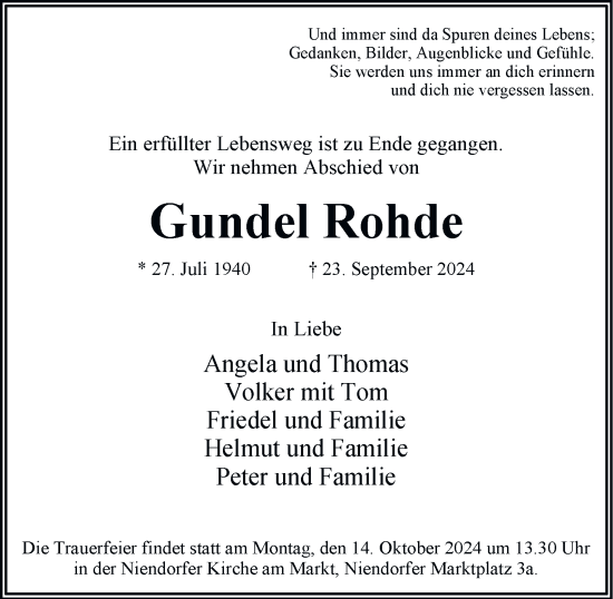 Traueranzeige von Gundel Rohde 