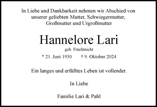 Traueranzeige von Hannelore Lari von Hamburger Abendblatt