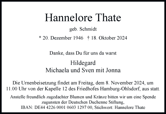 Traueranzeige von Hannelore Thate von Hamburger Abendblatt