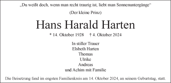 Traueranzeige von Hans  Harten 