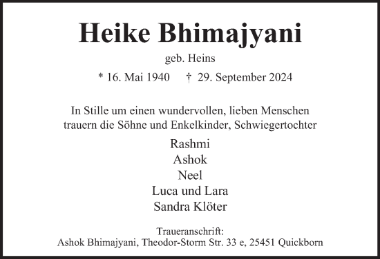 Traueranzeige von Heike Bhimajyani von Hamburger Abendblatt