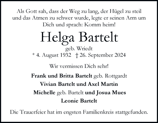 Traueranzeige von Helga Bartelt 
