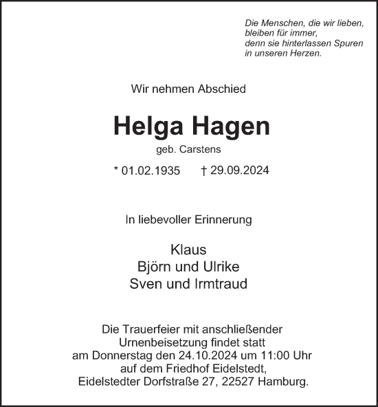 Traueranzeige von Helga Hagen 