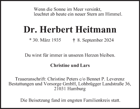 Traueranzeige von Herbert Heitmann von Bergedorfer Zeitung