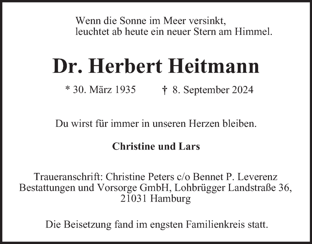  Traueranzeige für Herbert Heitmann vom 19.10.2024 aus Bergedorfer Zeitung