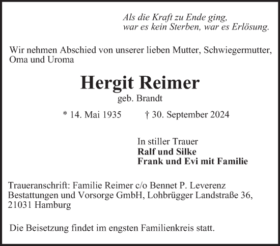 Traueranzeige von Hergit Reimer von Bergedorfer Zeitung