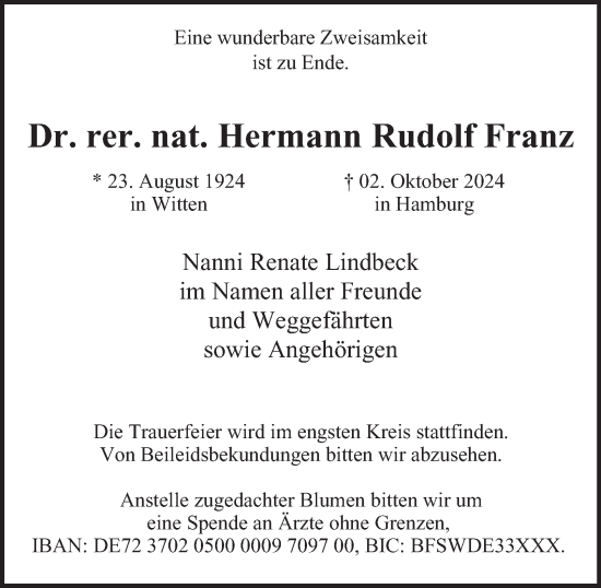 Traueranzeige von Hermann Rudolf Franz von Hamburger Abendblatt