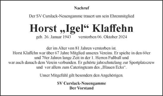 Traueranzeige von Horst Klaffehn von Bergedorfer Zeitung