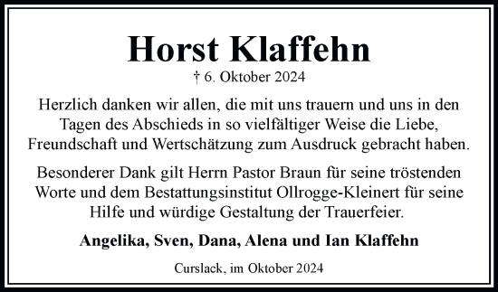 Traueranzeige von Horst Klaffehn von Bergedorfer Zeitung