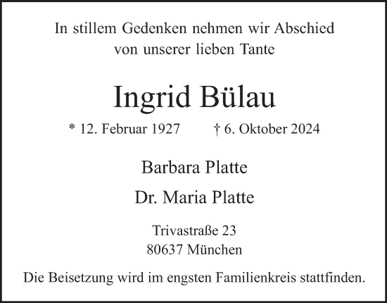 Traueranzeige von Ingrid Bülau von Hamburger Abendblatt