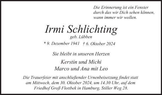 Traueranzeige von Irmi Schlichting 