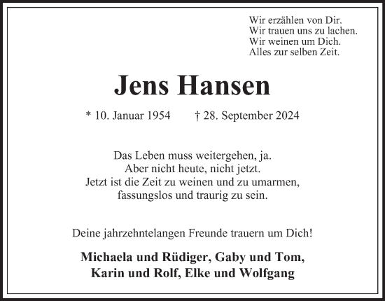 Traueranzeige von Jens Hansen von Hamburger Abendblatt