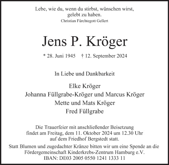 Traueranzeige von Jens P. Kröger von Hamburger Abendblatt