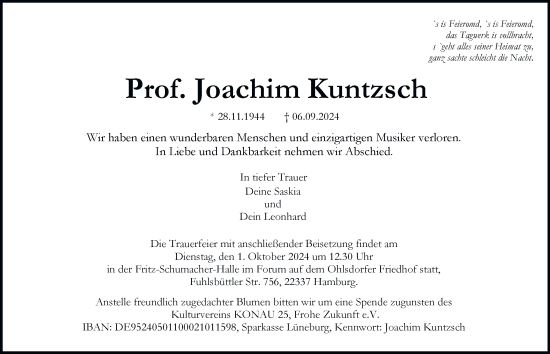 Traueranzeige von Joachim Kuntzsch von Hamburger Abendblatt
