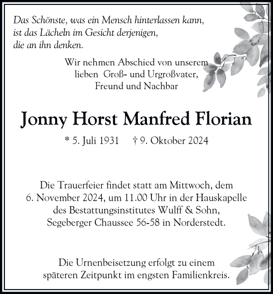 Traueranzeige von Jonny Horst Manfred Florian 