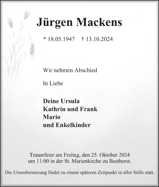 Traueranzeige von Jürgen Mackens von Bergedorfer Zeitung