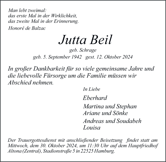 Traueranzeige von Jutta Beil von Hamburger Abendblatt