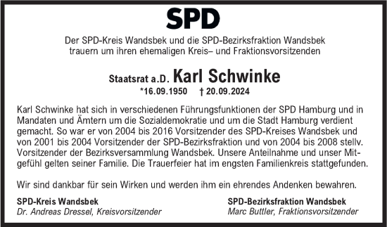 Traueranzeige von Karl Schwinke von Hamburger Abendblatt