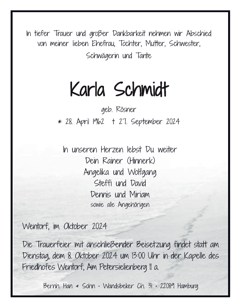  Traueranzeige für Karla Schmidt vom 05.10.2024 aus Bergedorfer Zeitung