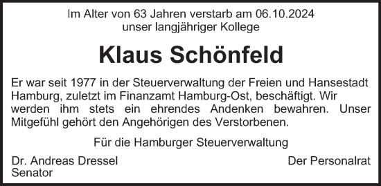 Traueranzeige von Klaus Schönfeld von Hamburger Abendblatt