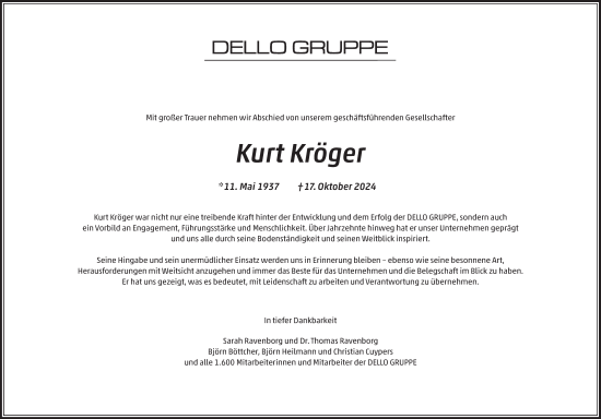 Traueranzeige von Kurt Kröger von Hamburger Abendblatt