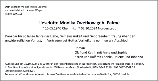 Traueranzeige von Lieselotte Monika Zwetkow von HA Regio Norderstedt