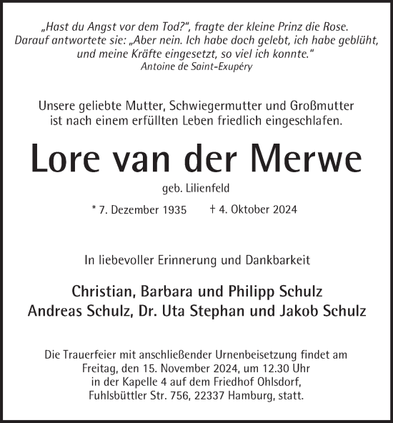 Traueranzeige von Lore van der Merwe von Hamburger Abendblatt