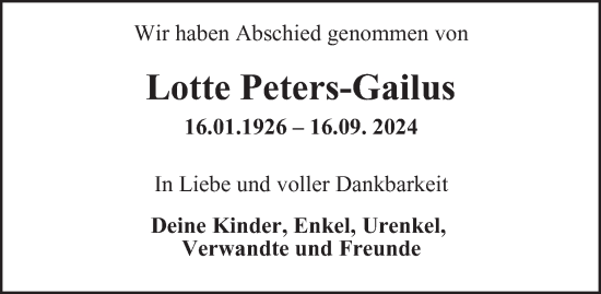 Traueranzeige von Lotte Peters-Gailus von Hamburger Abendblatt