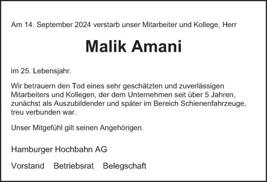 Traueranzeige von Malik Amani von Hamburger Abendblatt