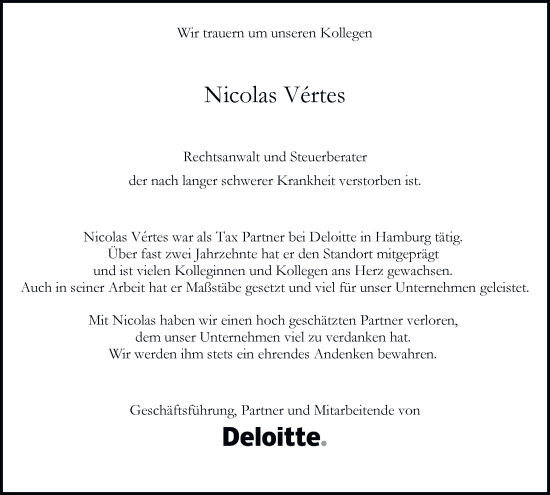 Traueranzeige von Nicolas Vertes von Hamburger Abendblatt