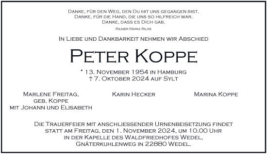 Traueranzeige von Peter Koppe von Hamburger Abendblatt