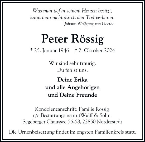 Traueranzeige von Peter Rössig von Hamburger Abendblatt