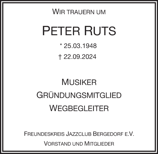 Traueranzeige von Peter Ruts von Bergedorfer Zeitung