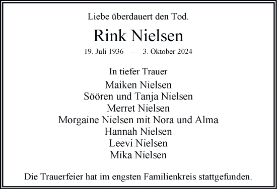 Traueranzeige von Rink Nielsen von Hamburger Abendblatt