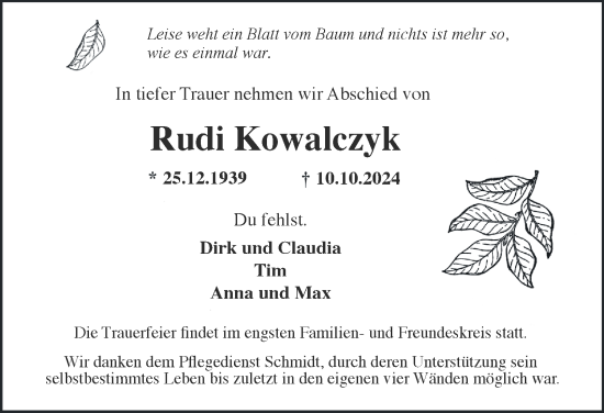 Traueranzeige von Rudi Kowalczyk 