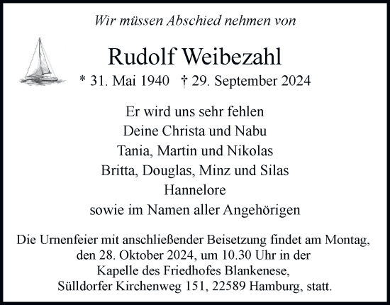 Traueranzeige von Rudolf Weibezahl von Hamburger Abendblatt