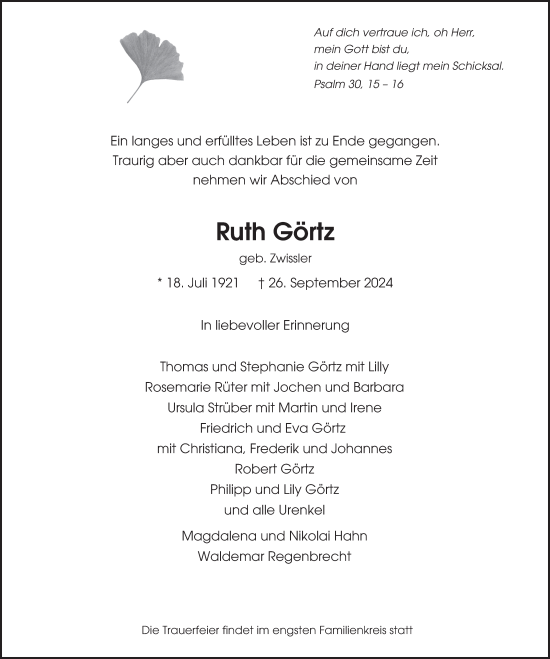 Traueranzeige von Ruth Görtz von Hamburger Abendblatt