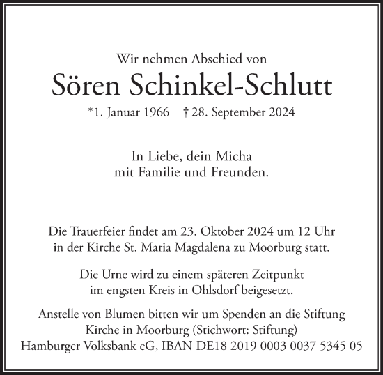 Traueranzeige von Sören Schinkel-Schlutt 