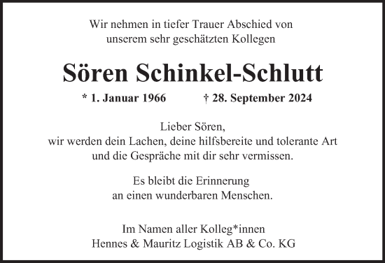 Traueranzeige von Sören Schinkel-Schlutt von Hamburger Abendblatt